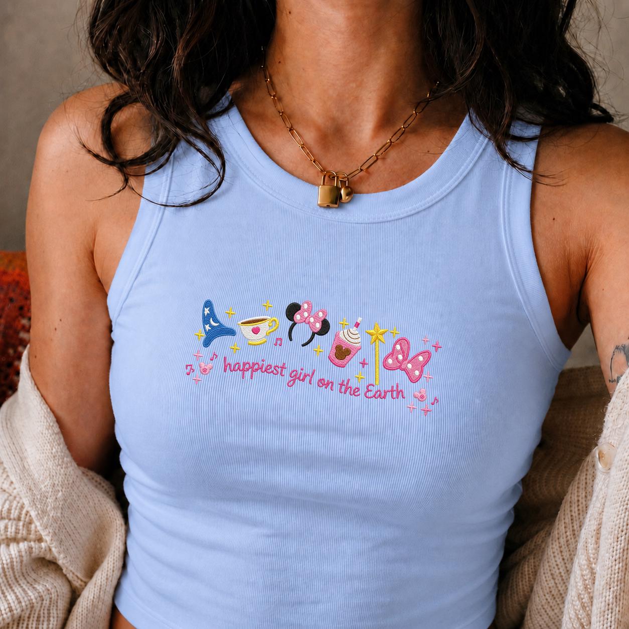 Embroidered Happiest Girl on the Earth Shirt with Mickey and Minnie – WDW Disneyland Trip Lace Trim Tank Top Baby Tee - photo 12