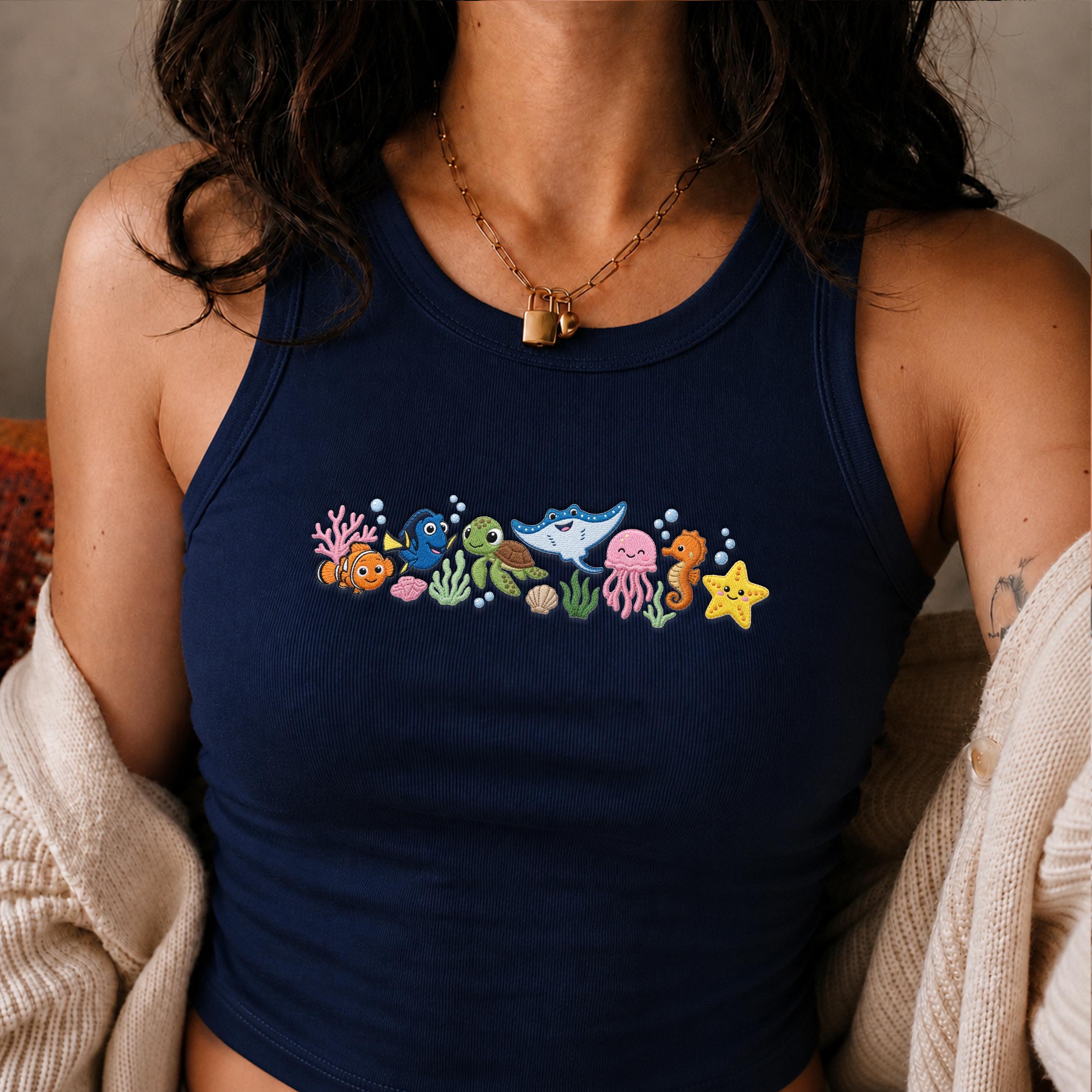 Embroidered Finding Nemo Characters Crop Top Tank Shirt with Just Keep Swimming Design for WDW Disney Family Vacation Girl Trip 2026 - photo 3