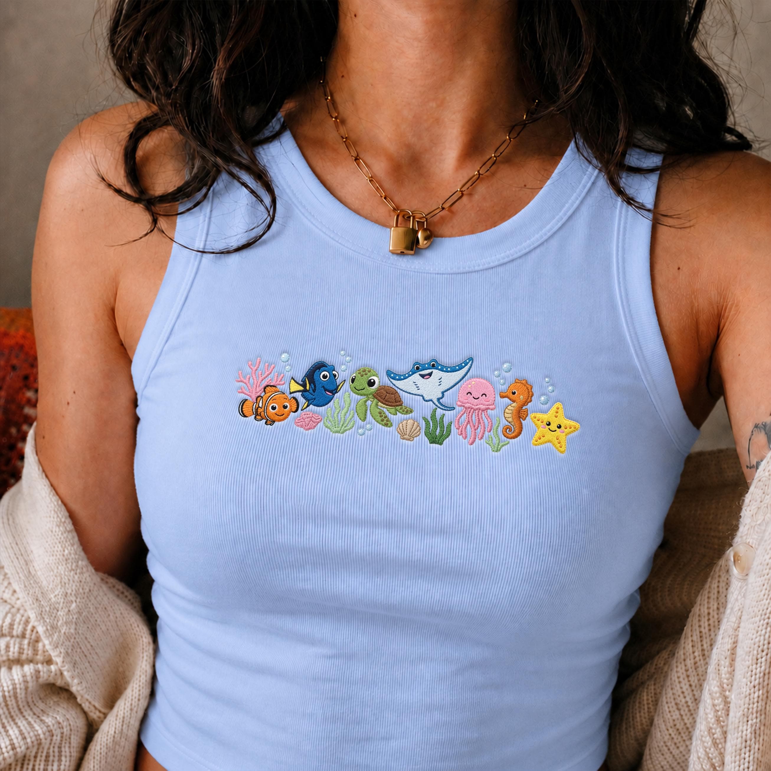 Embroidered Finding Nemo Characters Crop Top Tank Shirt with Just Keep Swimming Design for WDW Disney Family Vacation Girl Trip 2026 - photo 12