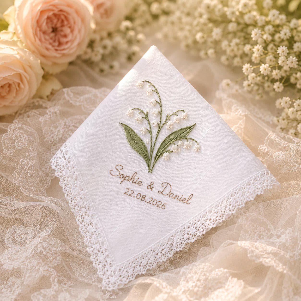 Personalized Embroidered Wedding Handkerchief – Lily of the Valley Bridal Hankie with Custom Names and Wedding Date Bride Keepsake Gift for Her