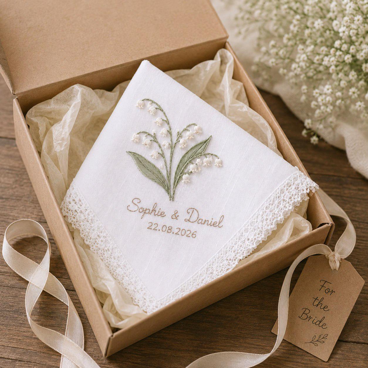 Personalized Embroidered Wedding Handkerchief – Lily of the Valley Bridal Hankie with Custom Names and Wedding Date Bride Keepsake Gift for Her - photo 7