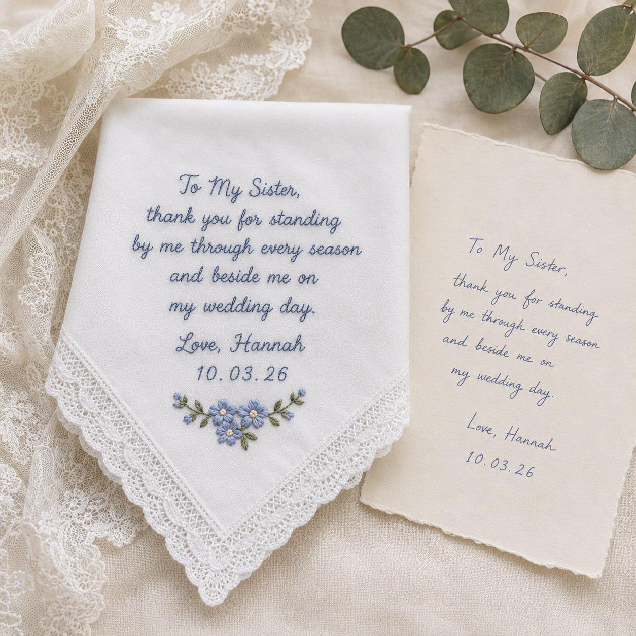 Handmade Embroidered Wedding Handkerchief – Personalized Bridal Hankie with Custom Message Keepsake and Mother Of Bride Bridesmaid Gift
