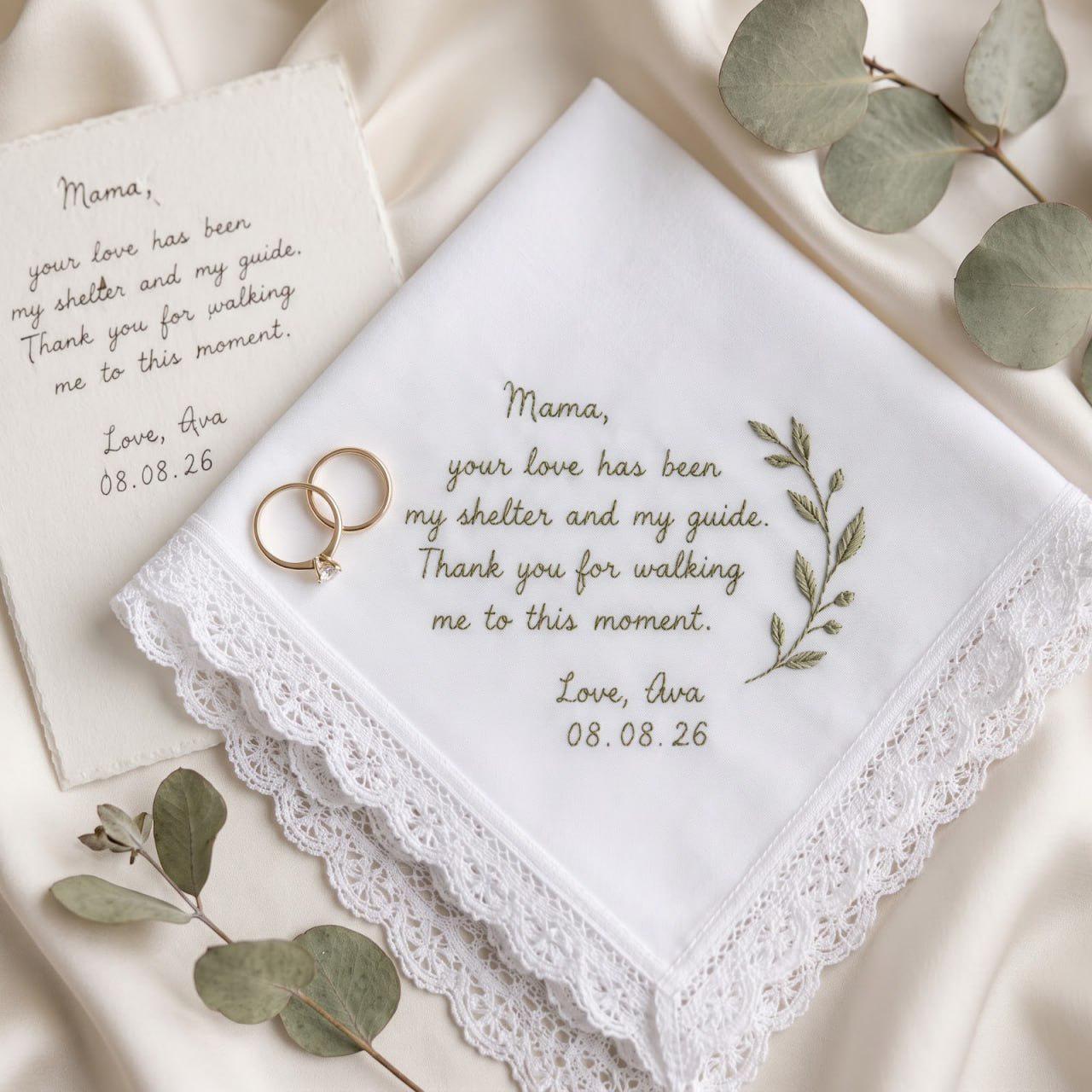 Handmade Embroidered Wedding Handkerchief – Personalized Bridal Hankie with Custom Message Keepsake and Mother Of Bride Bridesmaid Gift - photo 2