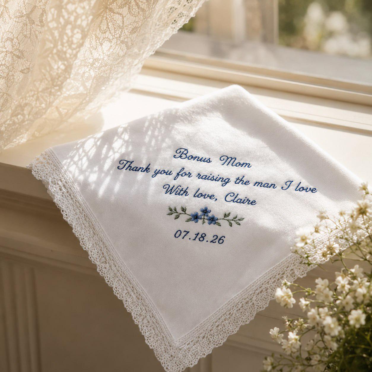 Handmade Embroidered Wedding Handkerchief – Personalized Bridal Hankie with Custom Message Keepsake and Mother Of Bride Bridesmaid Gift - photo 3