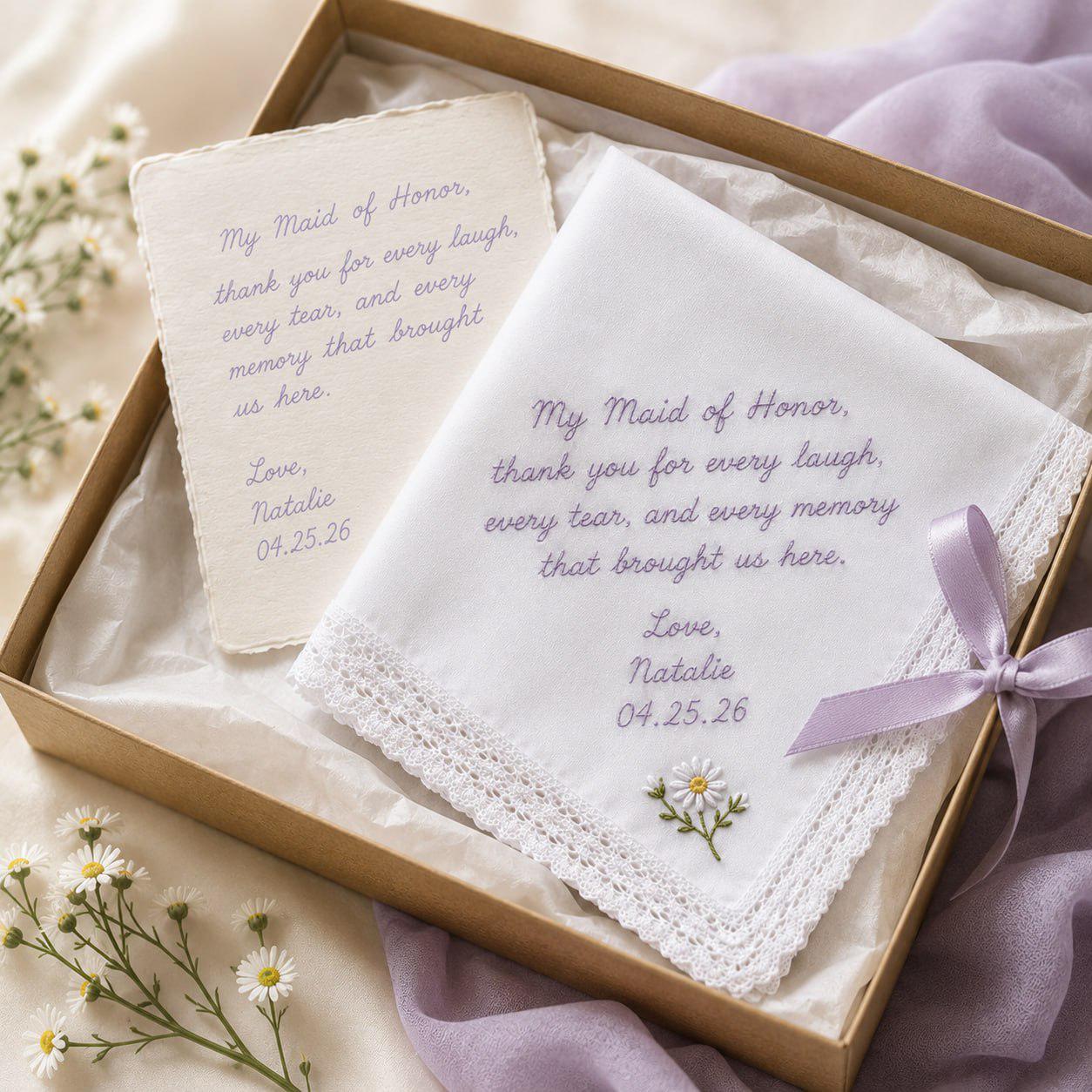 Handmade Embroidered Wedding Handkerchief – Personalized Bridal Hankie with Custom Message Keepsake and Mother Of Bride Bridesmaid Gift - photo 4