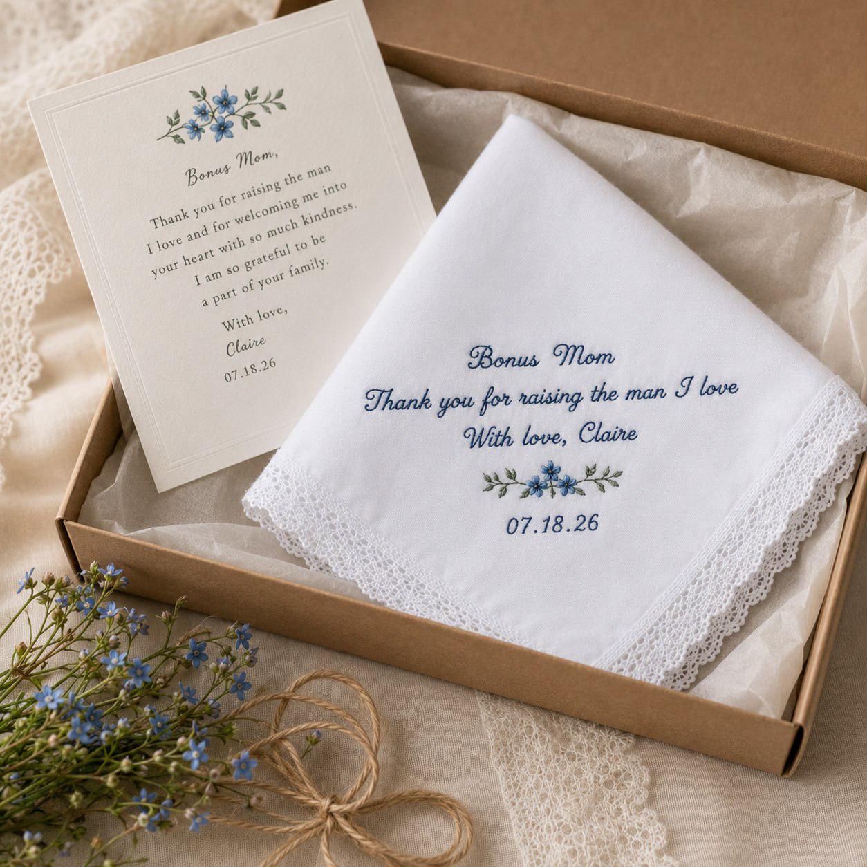 Handmade Embroidered Wedding Handkerchief – Personalized Bridal Hankie with Custom Message Keepsake and Mother Of Bride Bridesmaid Gift - photo 8