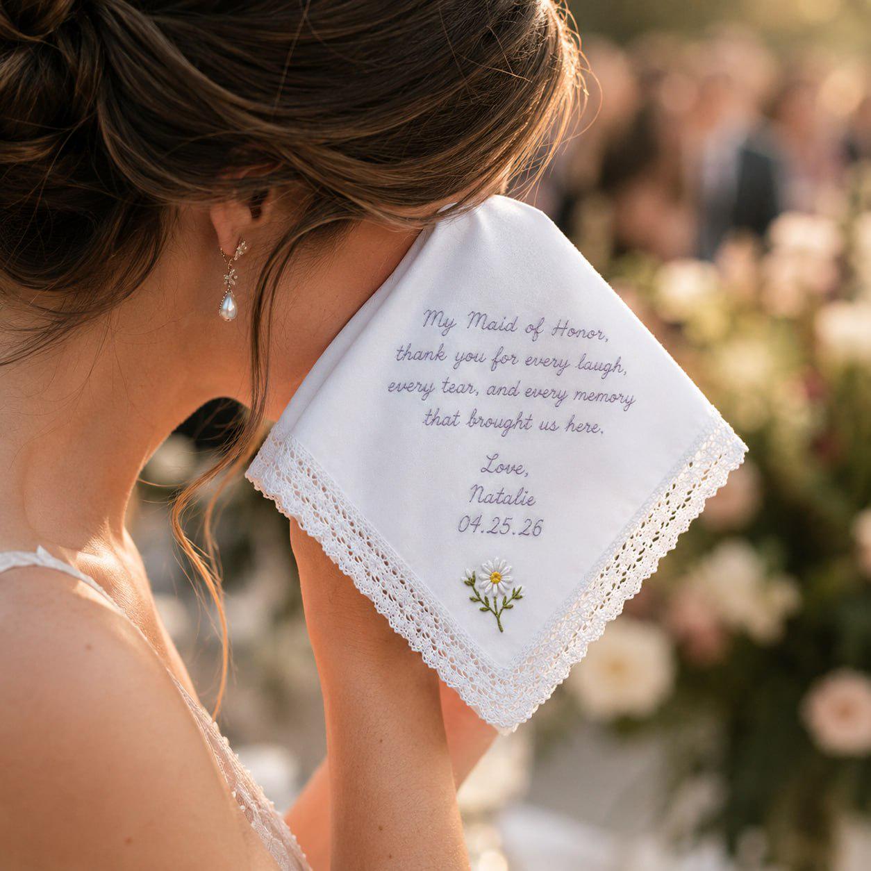 Handmade Embroidered Wedding Handkerchief – Personalized Bridal Hankie with Custom Message Keepsake and Mother Of Bride Bridesmaid Gift - photo 10