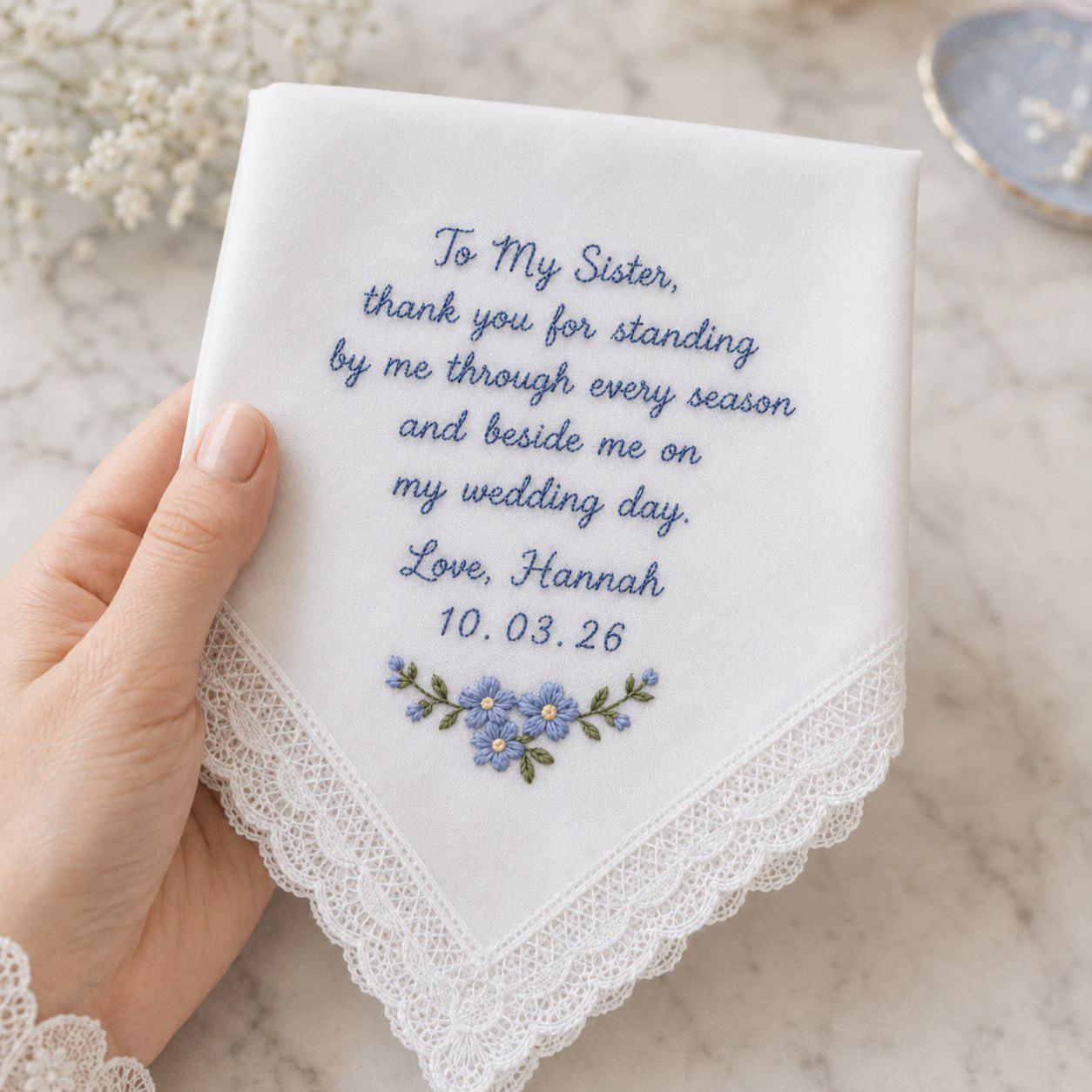 Handmade Embroidered Wedding Handkerchief – Personalized Bridal Hankie with Custom Message Keepsake and Mother Of Bride Bridesmaid Gift - photo 11