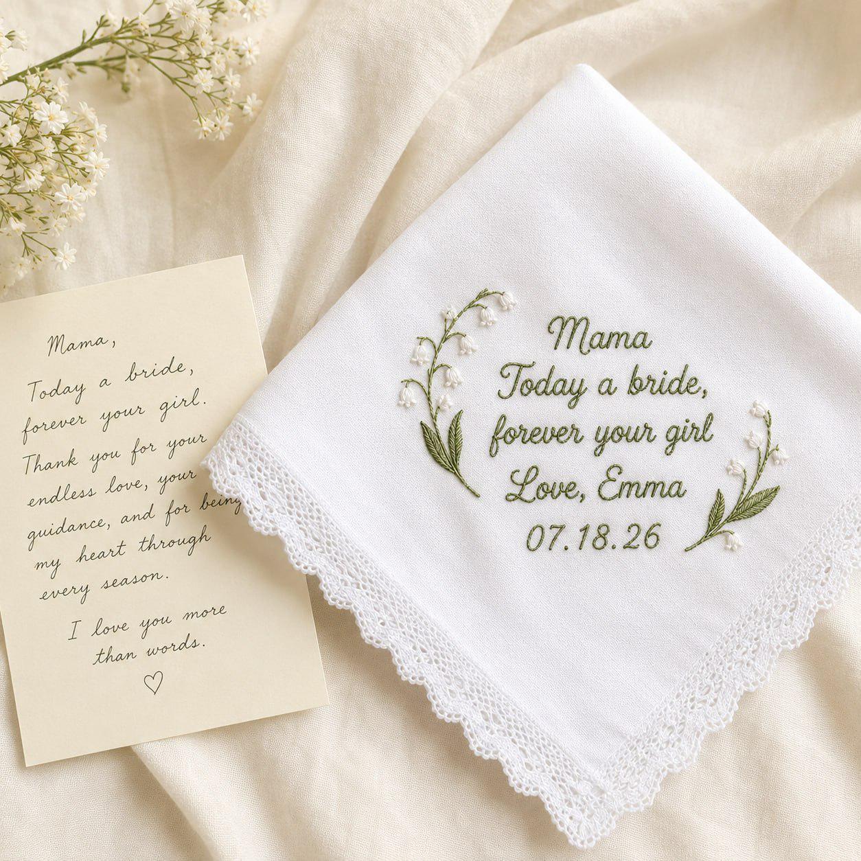 Handmade Embroidered Wedding Handkerchief – Personalized Bridal Hankie with Custom Message Keepsake and Mother Of Bride Bridesmaid Gift - photo 12