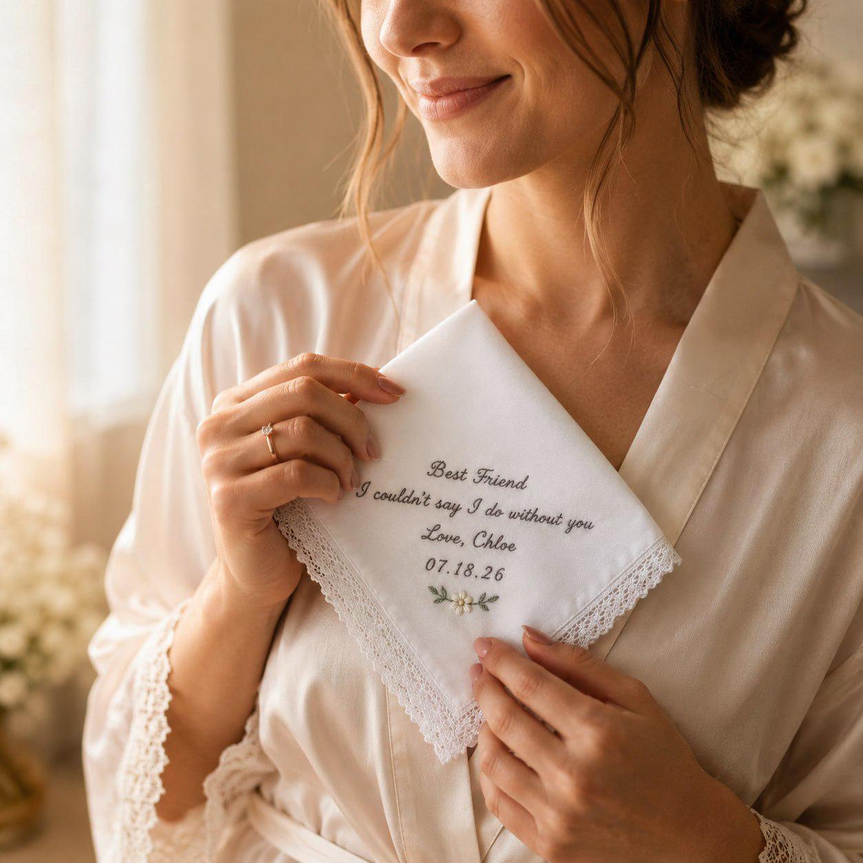 Handmade Embroidered Wedding Handkerchief – Personalized Bridal Hankie with Custom Message Keepsake and Mother Of Bride Bridesmaid Gift - photo 13