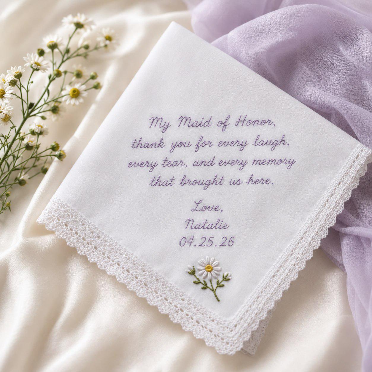 Handmade Embroidered Wedding Handkerchief – Personalized Bridal Hankie with Custom Message Keepsake and Mother Of Bride Bridesmaid Gift - photo 14