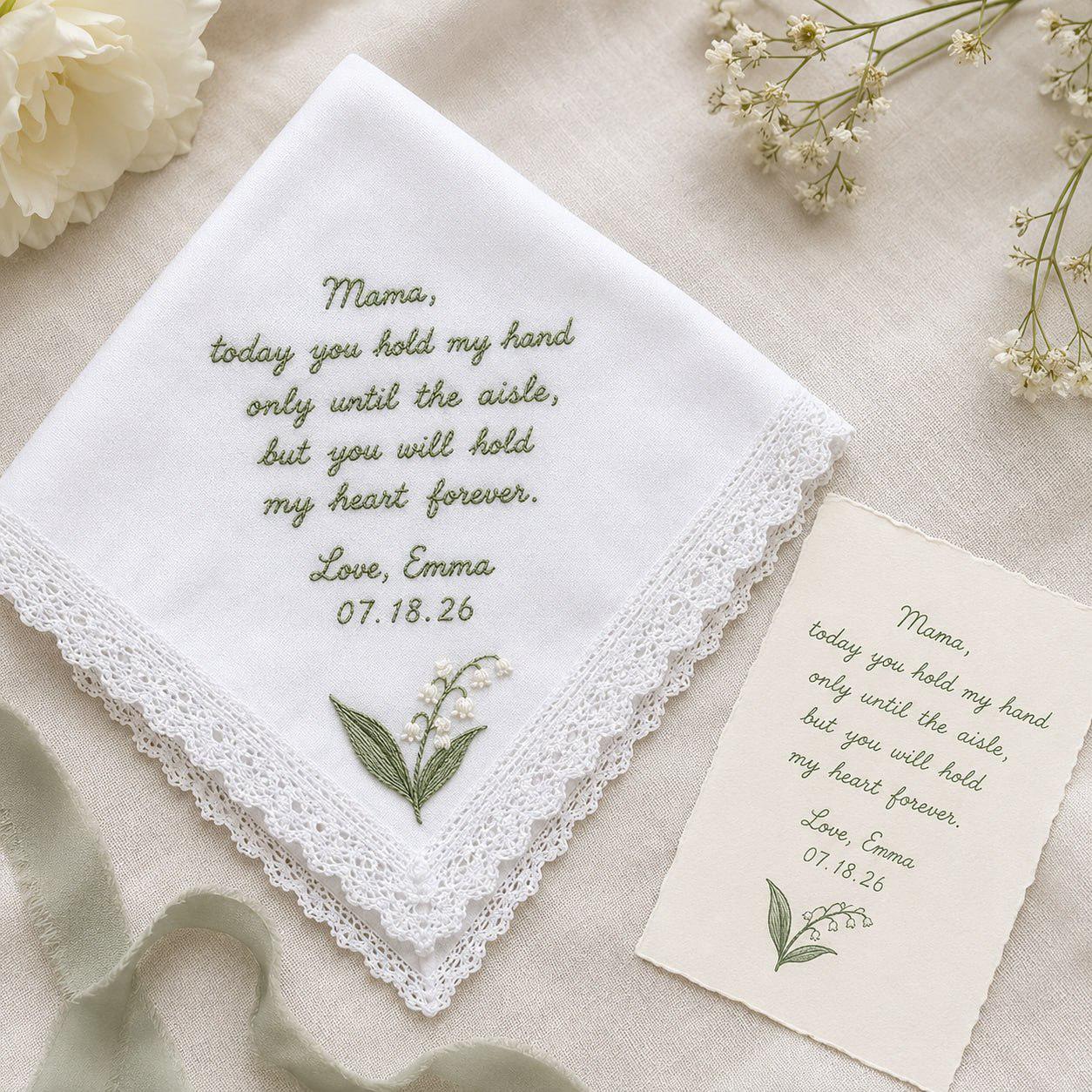 Handmade Embroidered Wedding Handkerchief – Personalized Bridal Hankie with Custom Message Keepsake and Mother Of Bride Bridesmaid Gift - photo 15