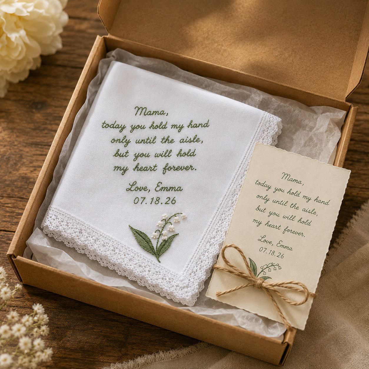 Handmade Embroidered Wedding Handkerchief – Personalized Bridal Hankie with Custom Message Keepsake and Mother Of Bride Bridesmaid Gift - photo 17