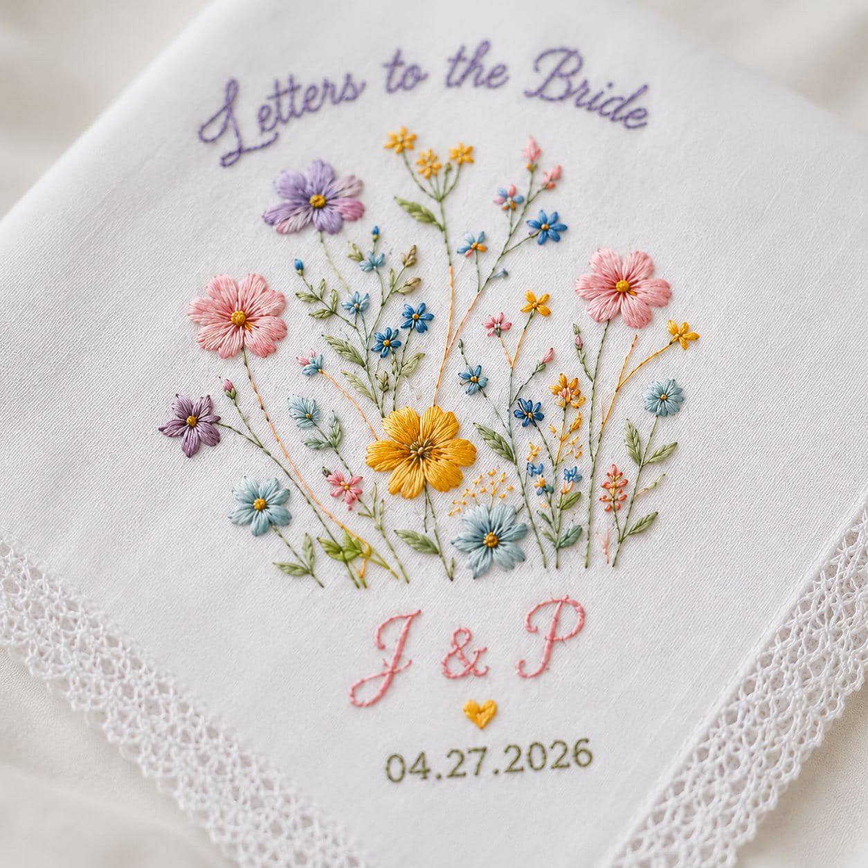 Handmade Embroidered Bridal Handkerchief – Custom Floral Wedding Hankie with Personalized Lace Keepsake and Bride Bridesmaid Gift
