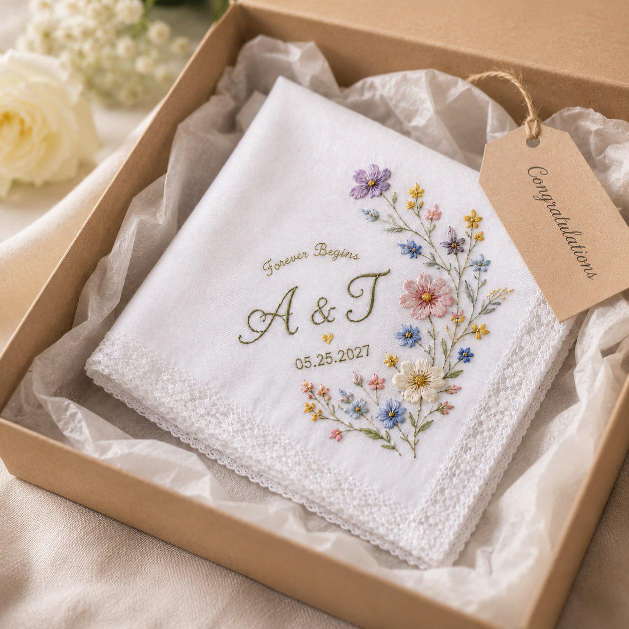 Handmade Embroidered Bridal Handkerchief – Custom Floral Wedding Hankie with Personalized Lace Keepsake and Bride Bridesmaid Gift - photo 2