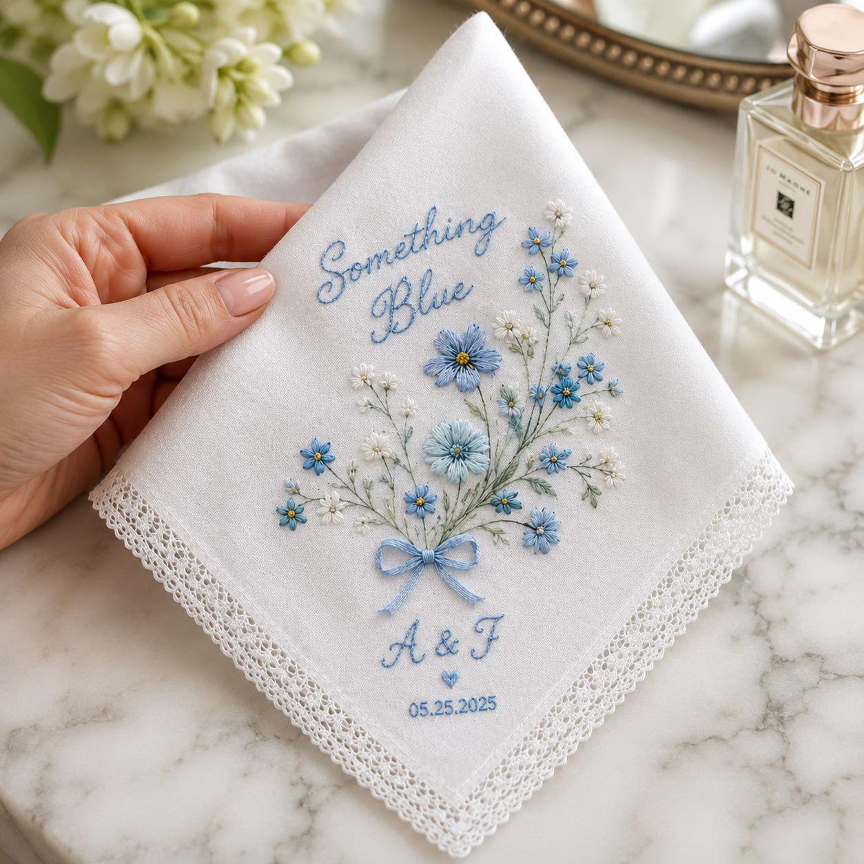 Handmade Embroidered Bridal Handkerchief – Custom Floral Wedding Hankie with Personalized Lace Keepsake and Bride Bridesmaid Gift - photo 3