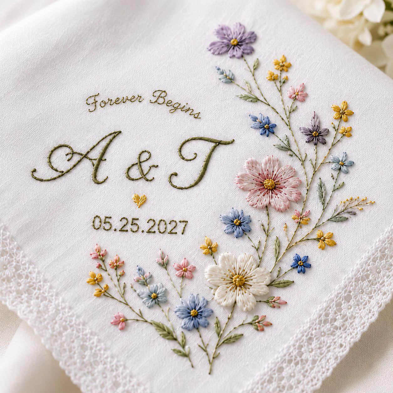 Handmade Embroidered Bridal Handkerchief – Custom Floral Wedding Hankie with Personalized Lace Keepsake and Bride Bridesmaid Gift - photo 12