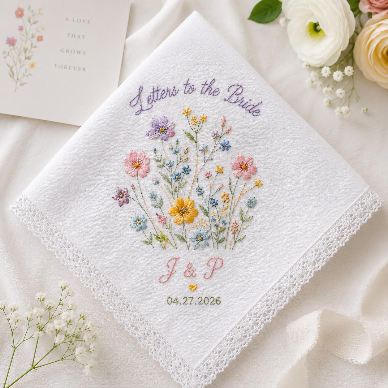 Handmade Embroidered Bridal Handkerchief – Custom Floral Wedding Hankie with Personalized Lace Keepsake and Bride Bridesmaid Gift - photo 13