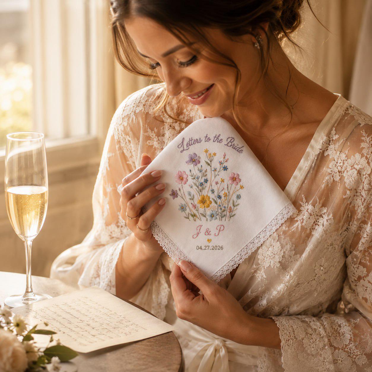 Handmade Embroidered Bridal Handkerchief – Custom Floral Wedding Hankie with Personalized Lace Keepsake and Bride Bridesmaid Gift - photo 16