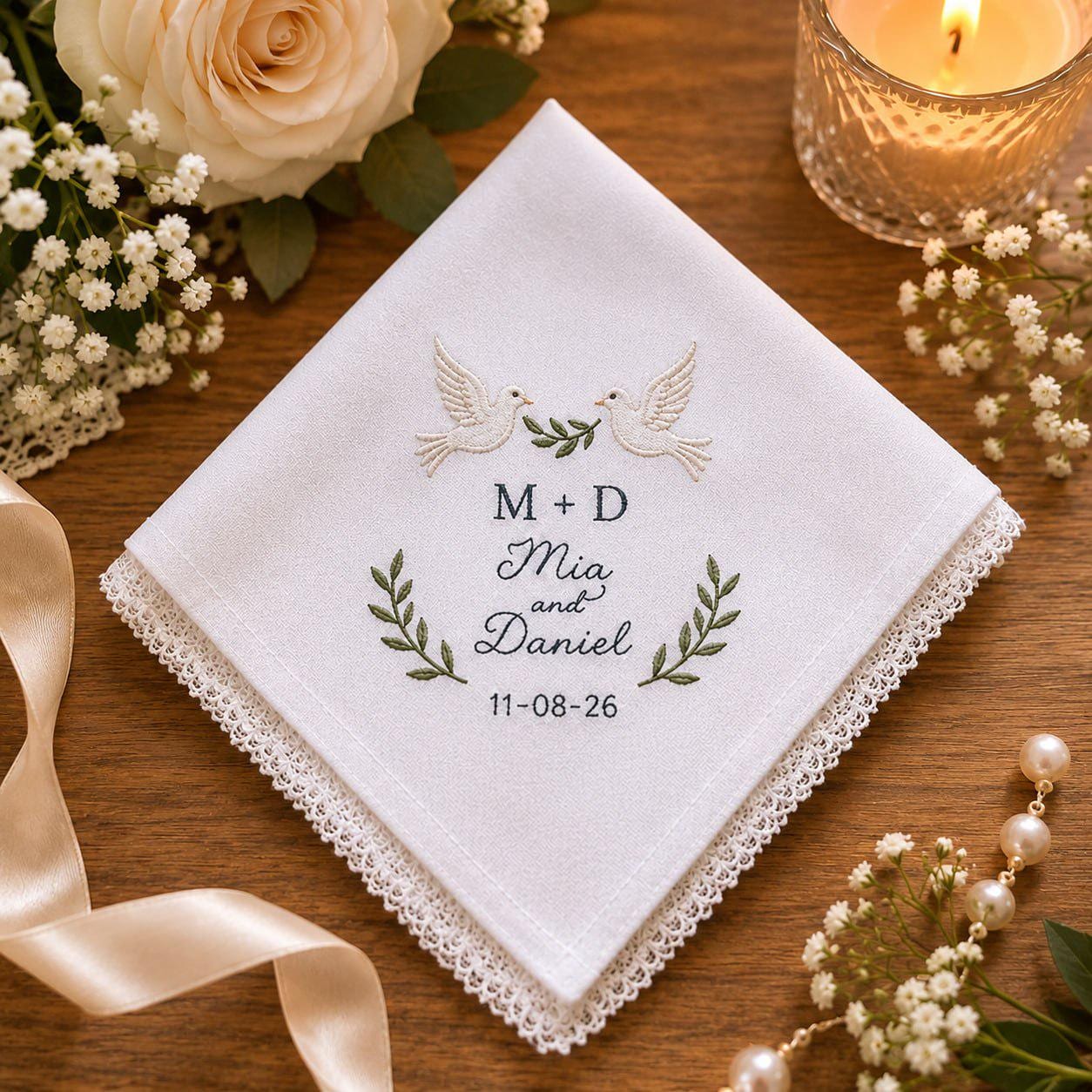 Personalized Embroidered Wedding Handkerchief – Custom Dove and Olive Branch Bridal Hankie with Couple Names Date Keepsake Gift for Newlyweds
