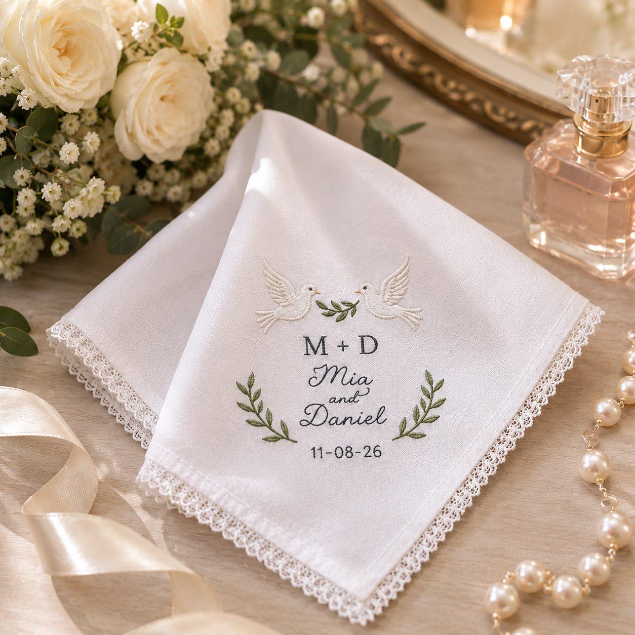 Personalized Embroidered Wedding Handkerchief – Custom Dove and Olive Branch Bridal Hankie with Couple Names Date Keepsake Gift for Newlyweds - photo 2