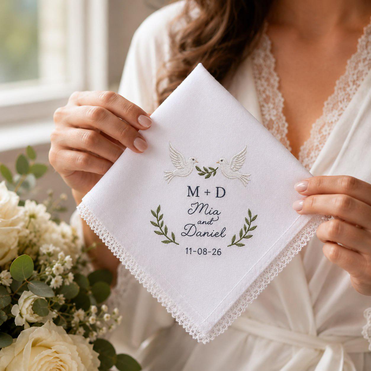 Personalized Embroidered Wedding Handkerchief – Custom Dove and Olive Branch Bridal Hankie with Couple Names Date Keepsake Gift for Newlyweds - photo 3