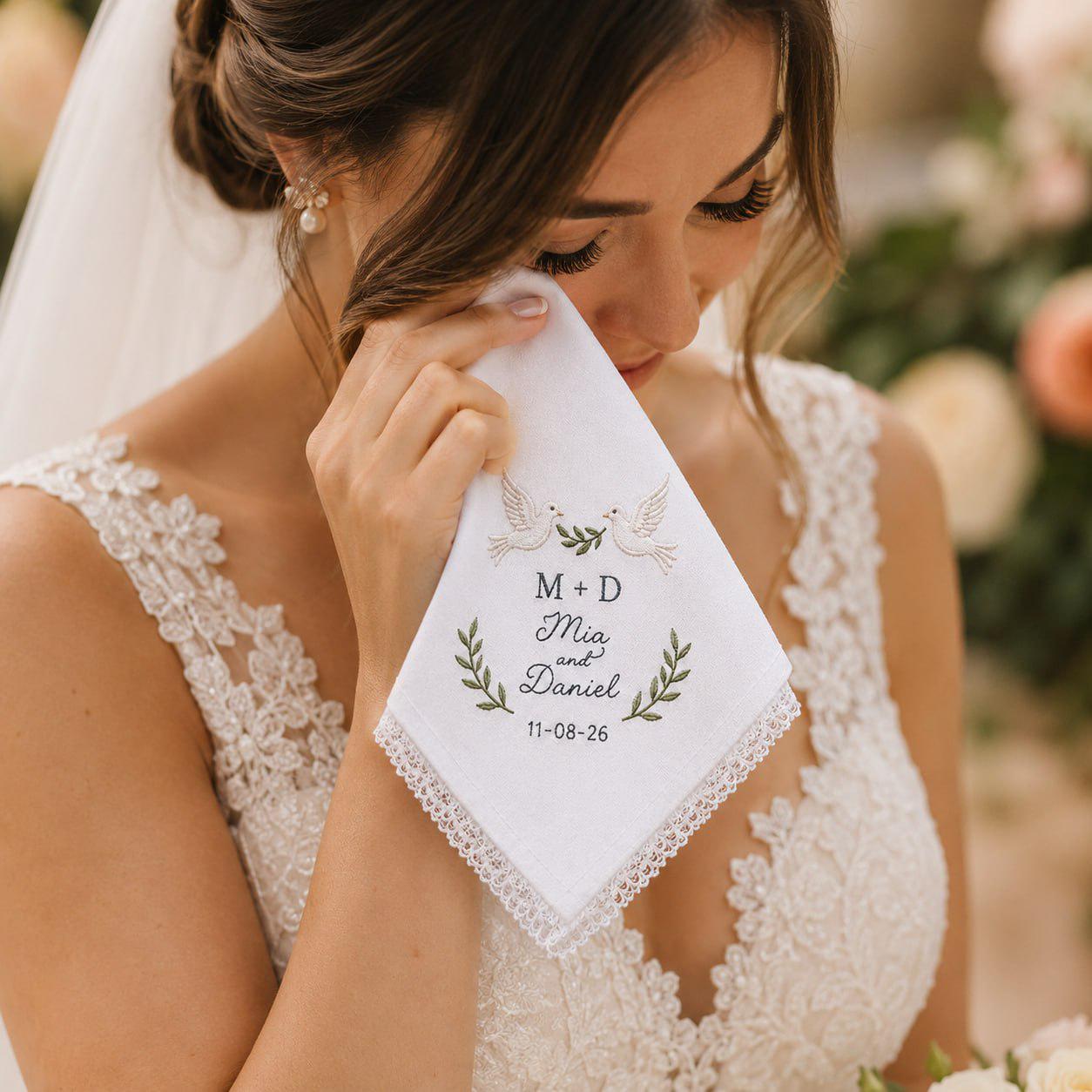 Personalized Embroidered Wedding Handkerchief – Custom Dove and Olive Branch Bridal Hankie with Couple Names Date Keepsake Gift for Newlyweds - photo 4