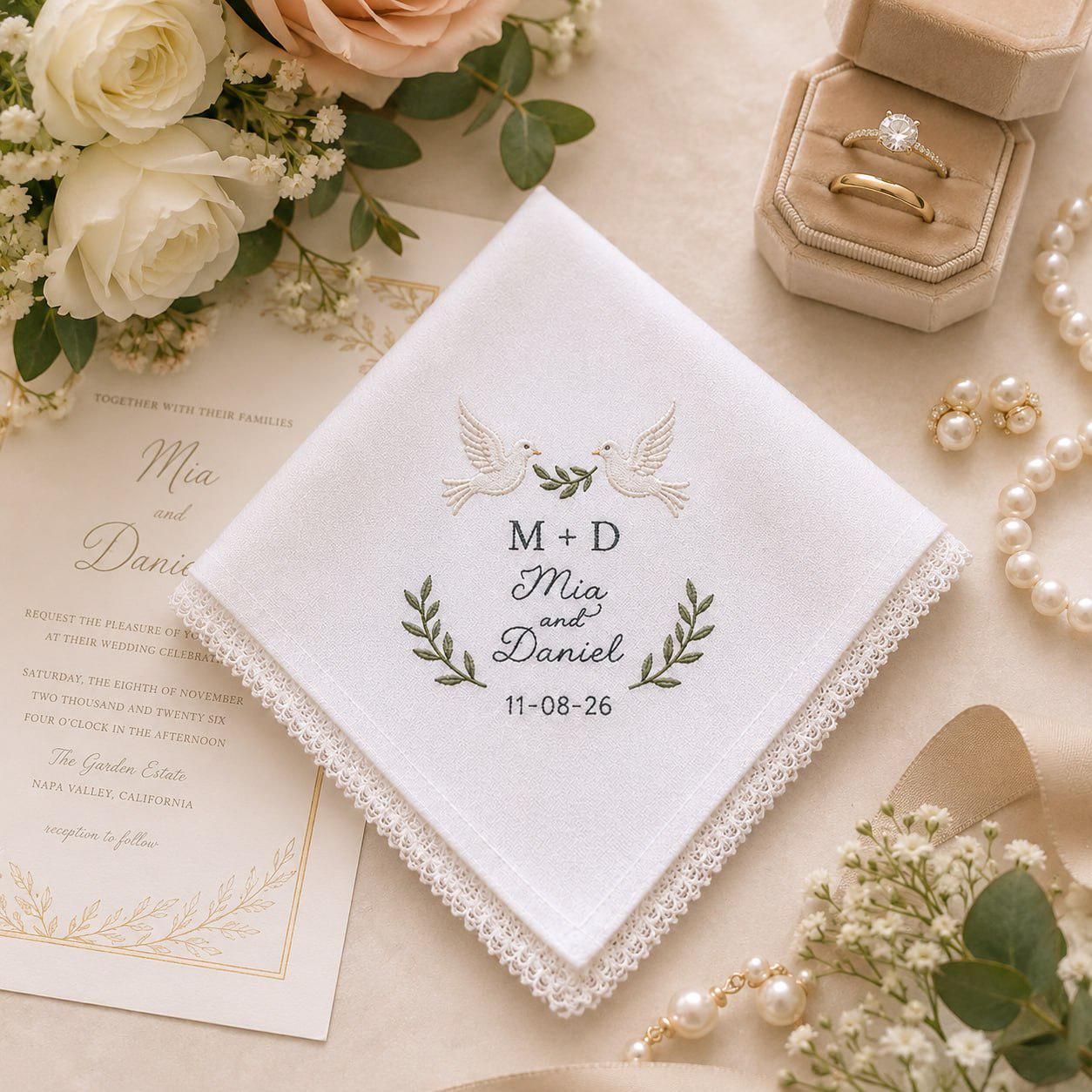 Personalized Embroidered Wedding Handkerchief – Custom Dove and Olive Branch Bridal Hankie with Couple Names Date Keepsake Gift for Newlyweds - photo 7