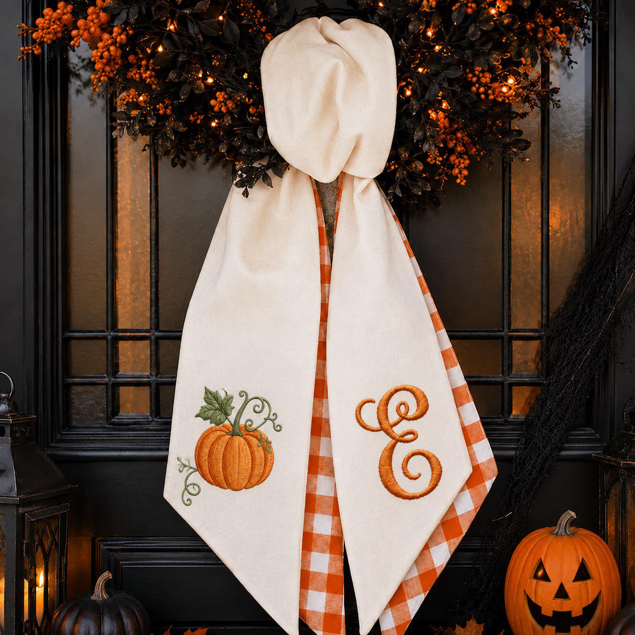 Embroidered Fall Wreath Sash with Personalized Pumpkin Monogram Bow and Cream Gingham Door Ribbon for Autumn Porch Decor
