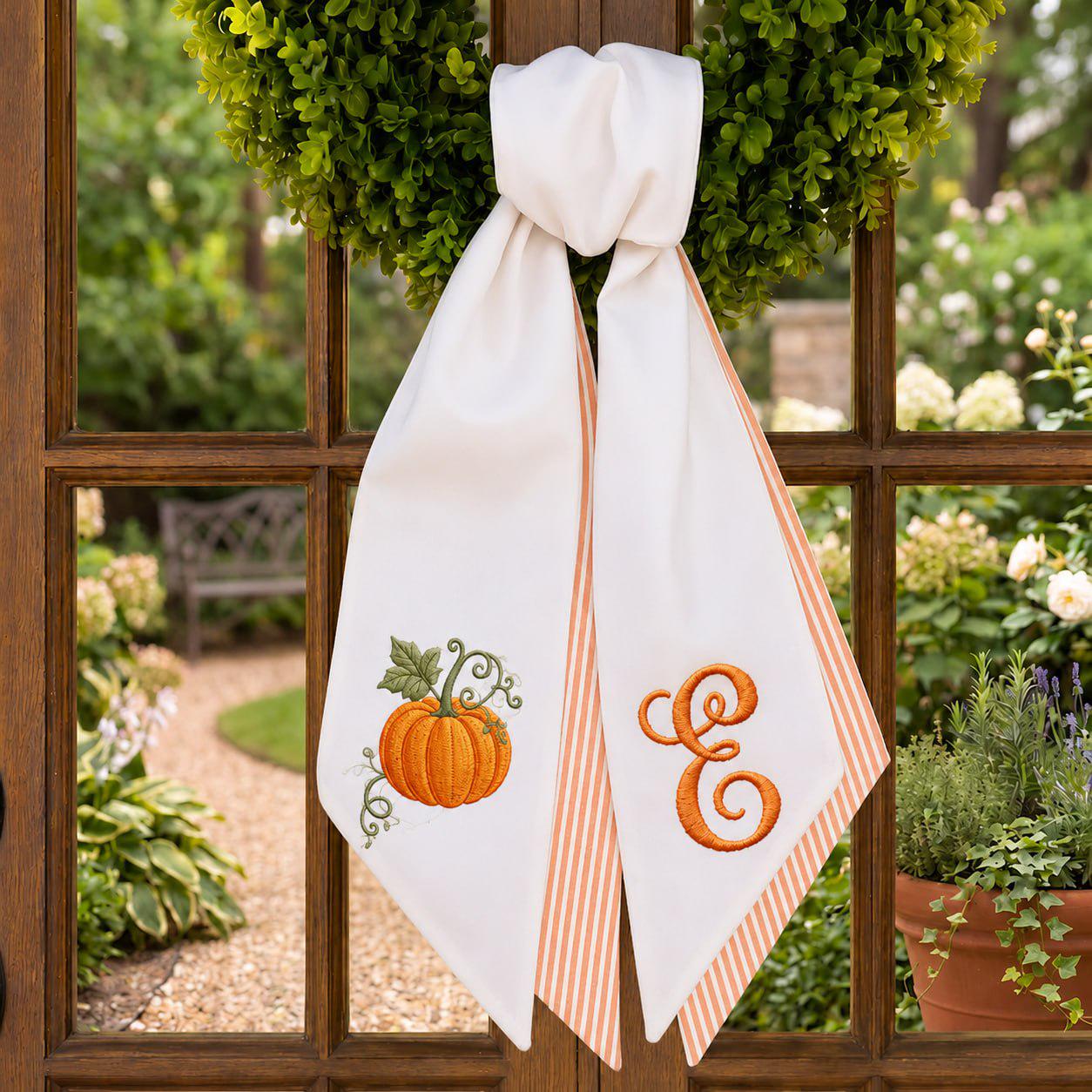 Embroidered Fall Wreath Sash with Personalized Pumpkin Monogram Bow and Cream Gingham Door Ribbon for Autumn Porch Decor - photo 2