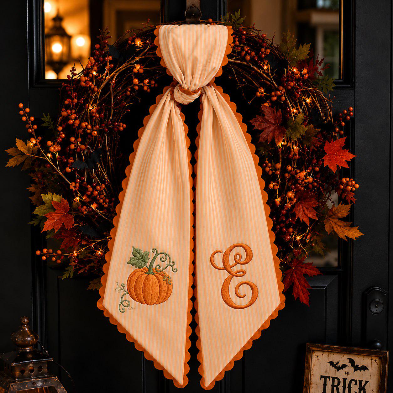 Embroidered Fall Wreath Sash with Personalized Pumpkin Monogram Bow and Cream Gingham Door Ribbon for Autumn Porch Decor - photo 3