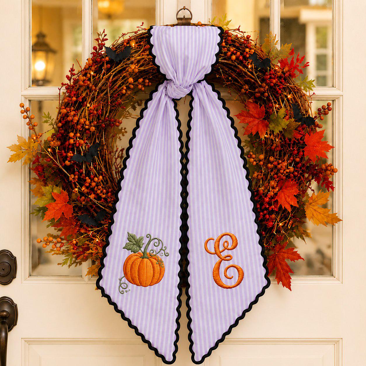 Embroidered Fall Wreath Sash with Personalized Pumpkin Monogram Bow and Cream Gingham Door Ribbon for Autumn Porch Decor - photo 7