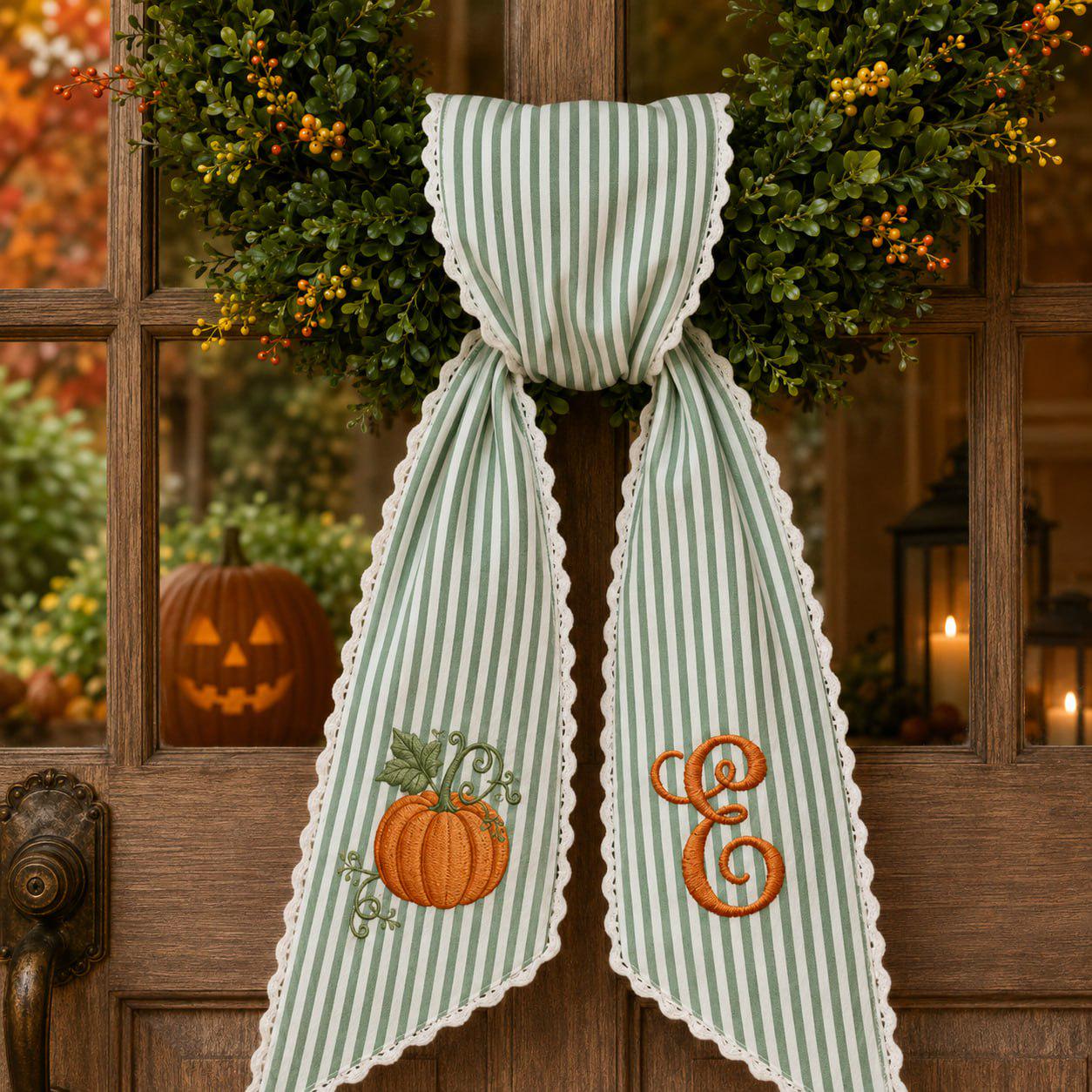 Embroidered Fall Wreath Sash with Personalized Pumpkin Monogram Bow and Cream Gingham Door Ribbon for Autumn Porch Decor - photo 8