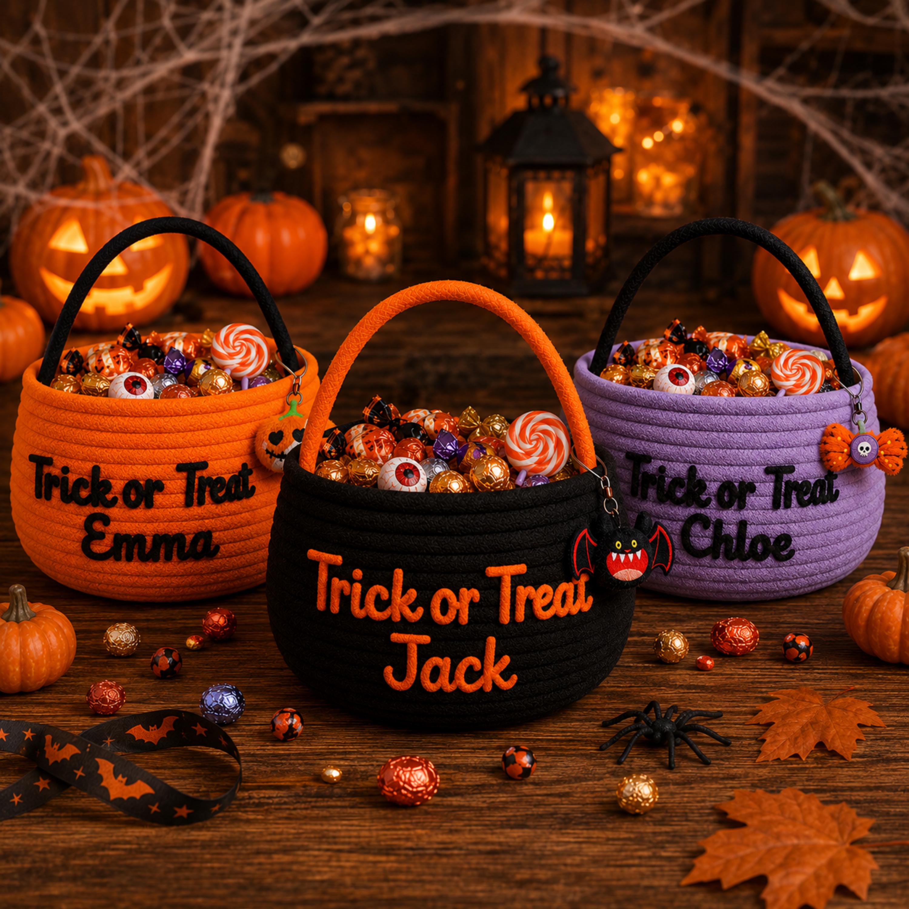 Custom Embroidered Pumpkin Trick or Treat Bag and Tote with Personalized Halloween Candy Bucket, Kids Boo Basket, Spooky Season