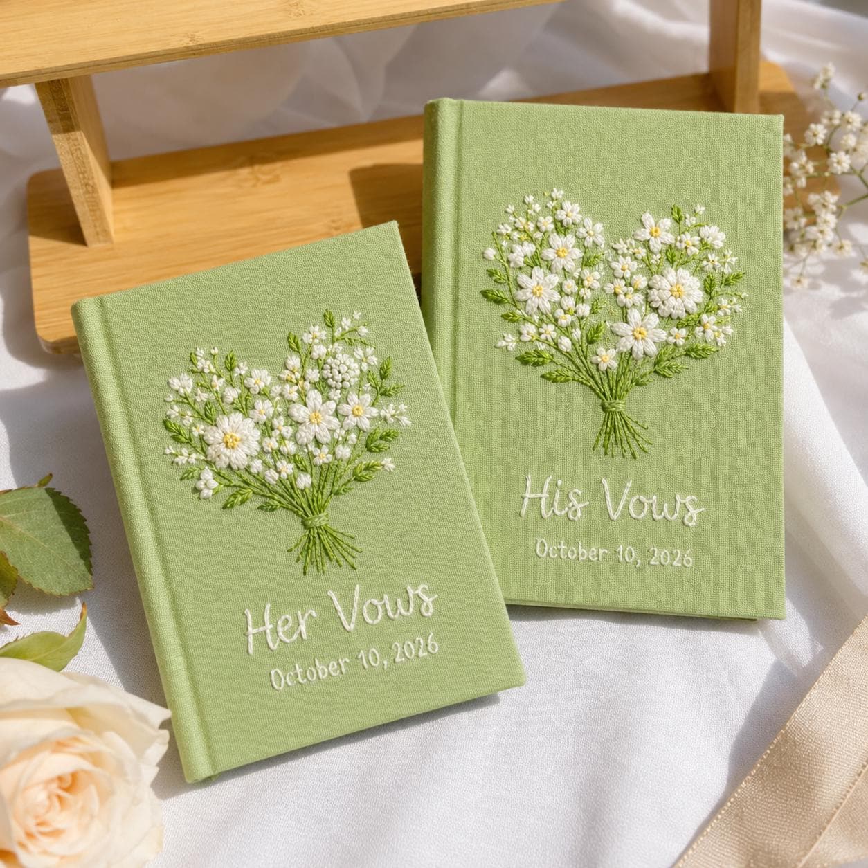 Personalized Hand Embroidered Wedding Vow Book Set of 2 – Custom Linen Vow Books and Floral Bouquet Notebook with Bride Groom Keepsake Gift