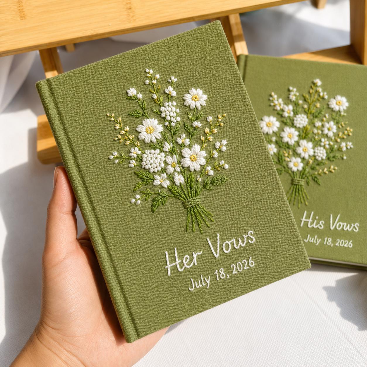Personalized Hand Embroidered Wedding Vow Book Set of 2 – Custom Linen Vow Books and Floral Bouquet Notebook with Bride Groom Keepsake Gift - photo 3
