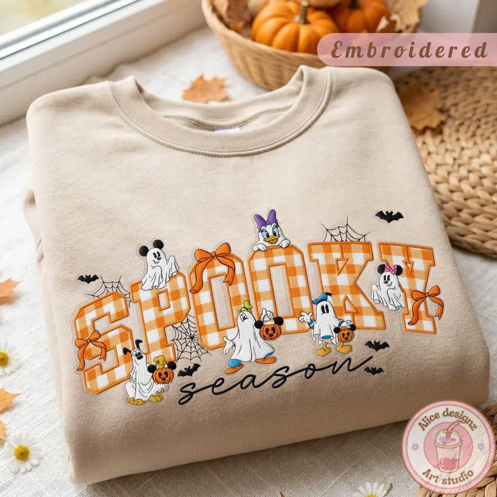 Embroidered Mickey and Friends Ghost Applique T-Shirt Sweatshirt for Spooky Season – Tis the Season Autumn Leaves WDW Disneyland Shirt
