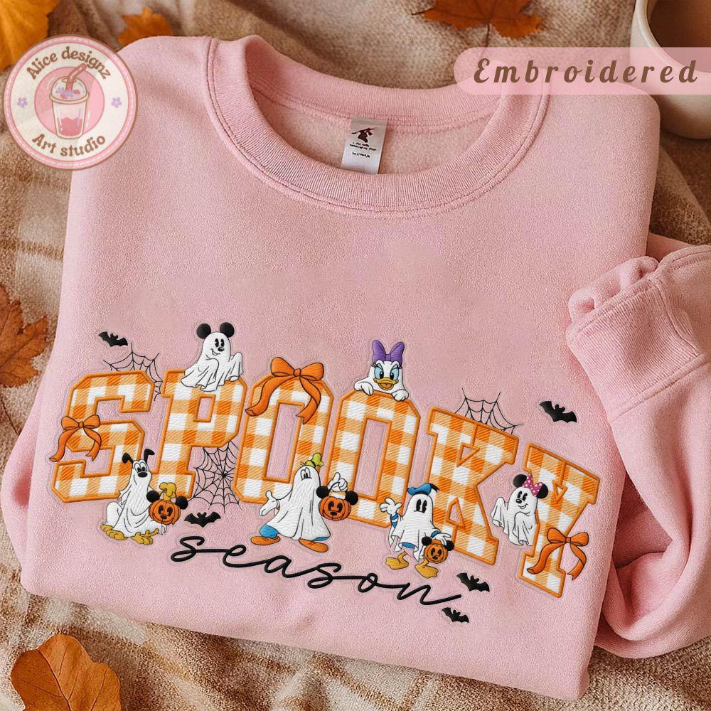 Embroidered Mickey and Friends Ghost Applique T-Shirt Sweatshirt for Spooky Season – Tis the Season Autumn Leaves WDW Disneyland Shirt - photo 2