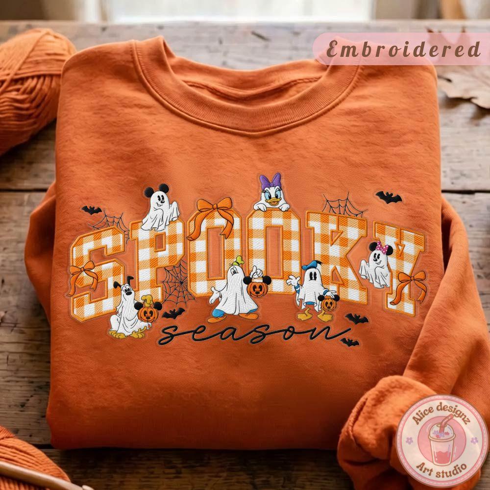 Embroidered Mickey and Friends Ghost Applique T-Shirt Sweatshirt for Spooky Season – Tis the Season Autumn Leaves WDW Disneyland Shirt - photo 3