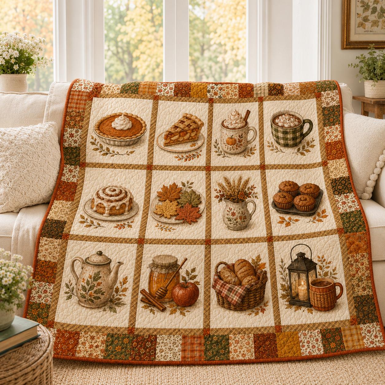 Fall Pumpkin Spice Quilt Blanket – Autumn Coffee and Pie Throw with Anime Cozy Rustic Floral Bedding and Farmhouse Thanksgiving Gift for Her - photo 5