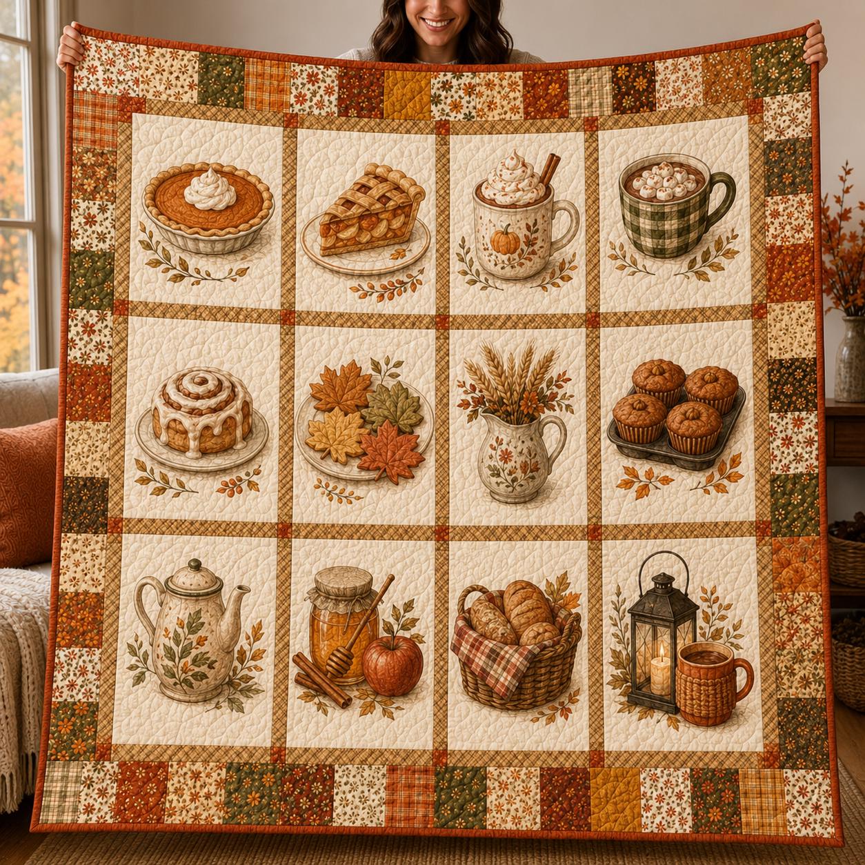 Autumn Pumpkin Spice Quilted Style Throw Blanket with Vintage Coffee and Pie, Floral Farmhouse Bedding, Cozy Fall Home Decor Gift for Her