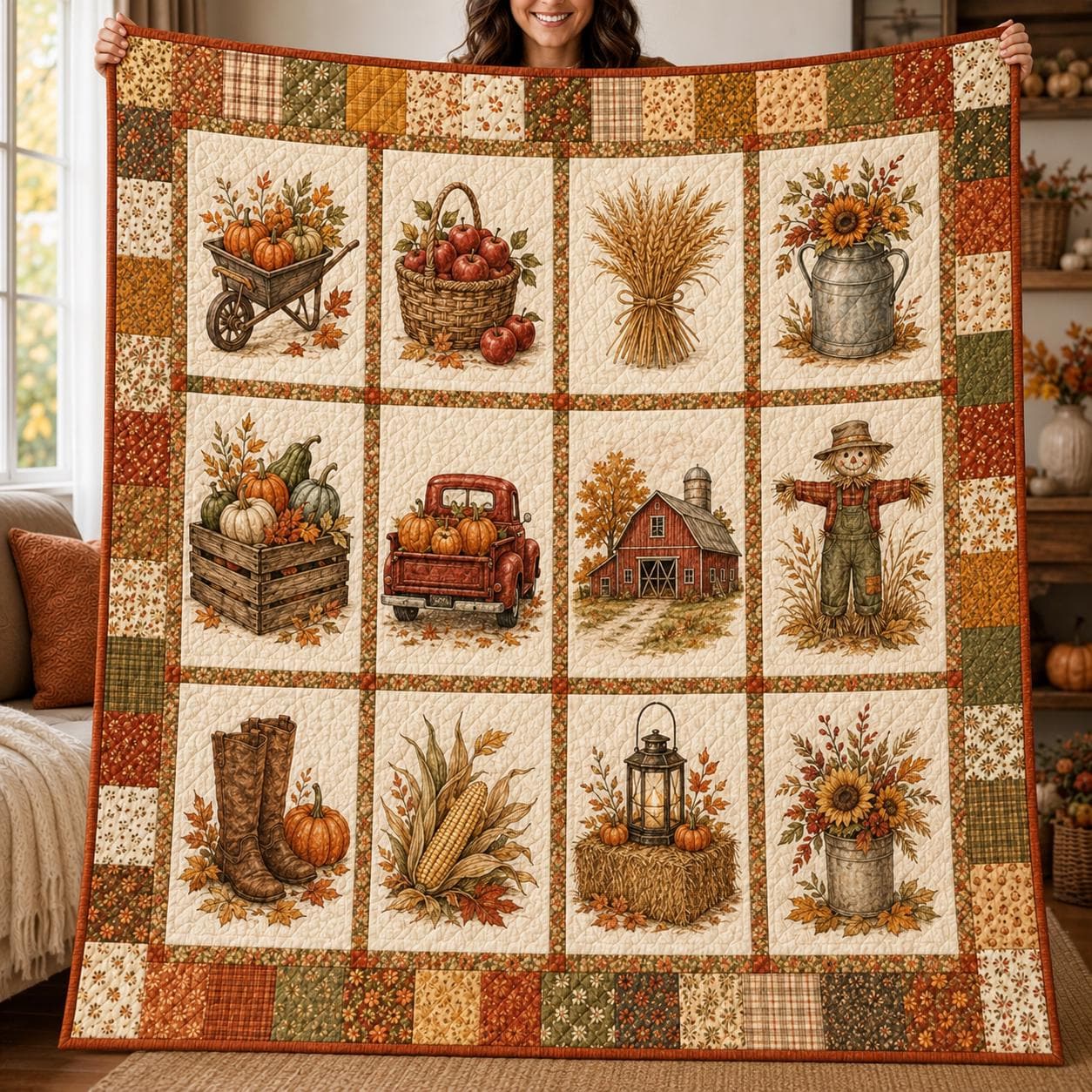Autumn Pumpkin Spice Quilted Style Throw Blanket with Vintage Coffee and Pie, Floral Farmhouse Bedding, Cozy Fall Home Decor Gift for Her - photo 2