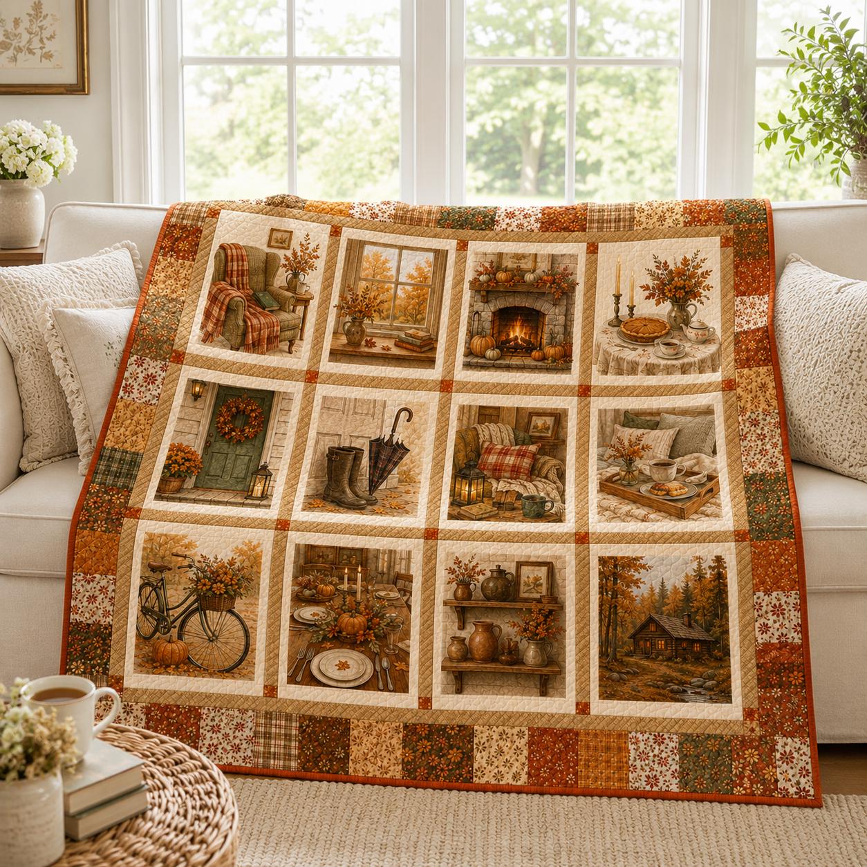 Autumn Pumpkin Spice Quilted Style Throw Blanket with Vintage Coffee and Pie, Floral Farmhouse Bedding, Cozy Fall Home Decor Gift for Her - photo 5
