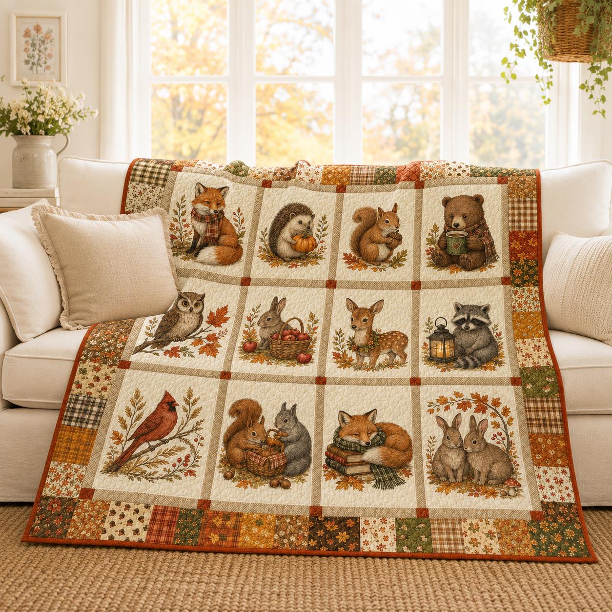 Autumn Pumpkin Spice Quilted Style Throw Blanket with Vintage Coffee and Pie, Floral Farmhouse Bedding, Cozy Fall Home Decor Gift for Her - photo 6