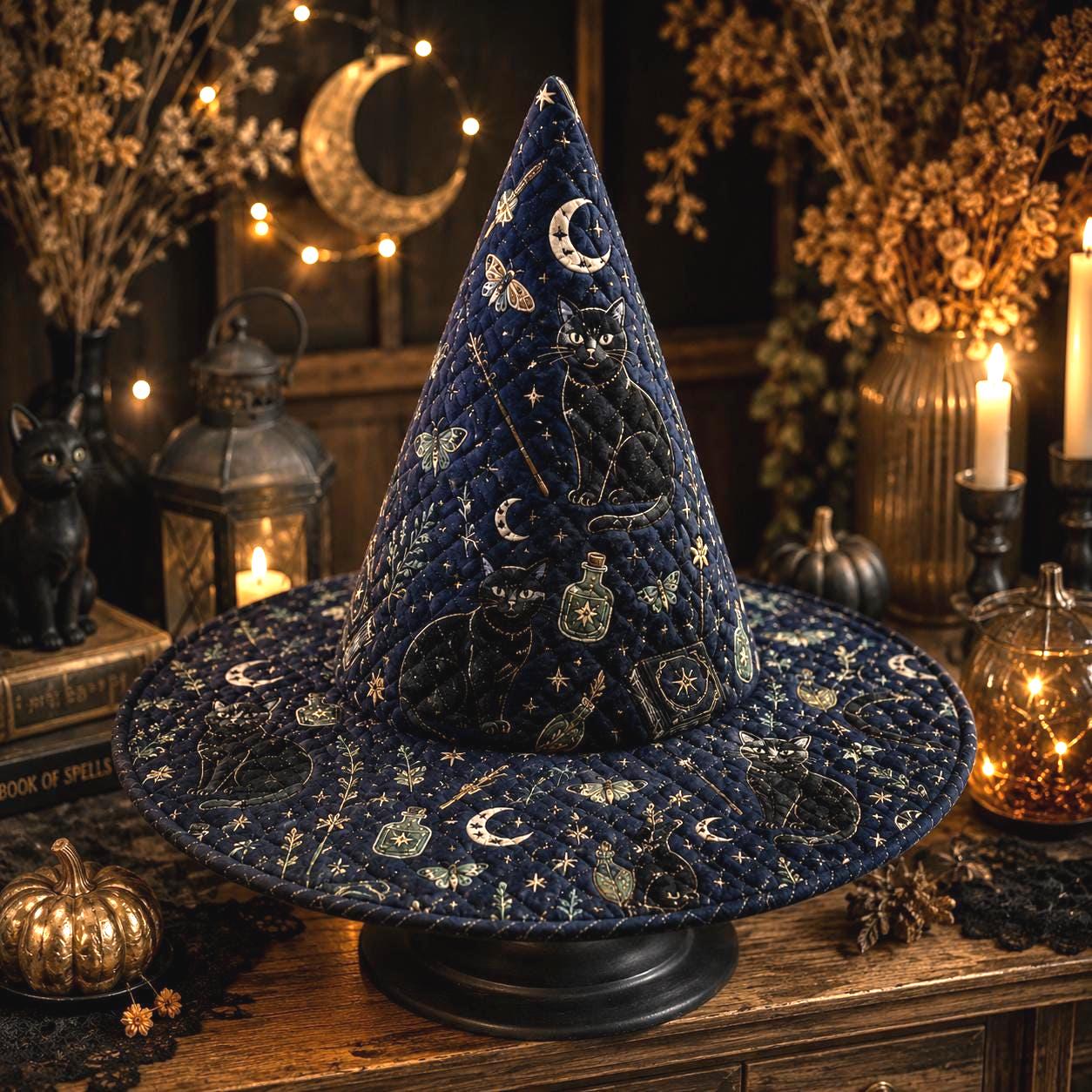 Handmade Fabric Halloween Witch Hat β Quilted Styleed Style Black Cat Moon Hat Decor and Gothic Fall Table Centerpiece