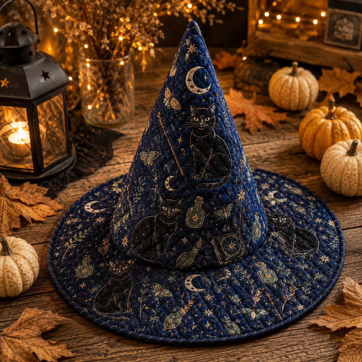 Handmade Fabric Halloween Witch Hat – Quilted Styleed Style Black Cat Moon Hat Decor and Gothic Fall Table Centerpiece - photo 2