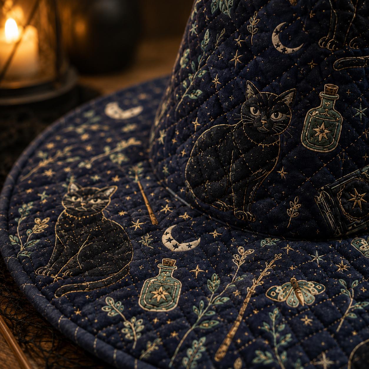 Handmade Fabric Halloween Witch Hat – Quilted Styleed Style Black Cat Moon Hat Decor and Gothic Fall Table Centerpiece - photo 4