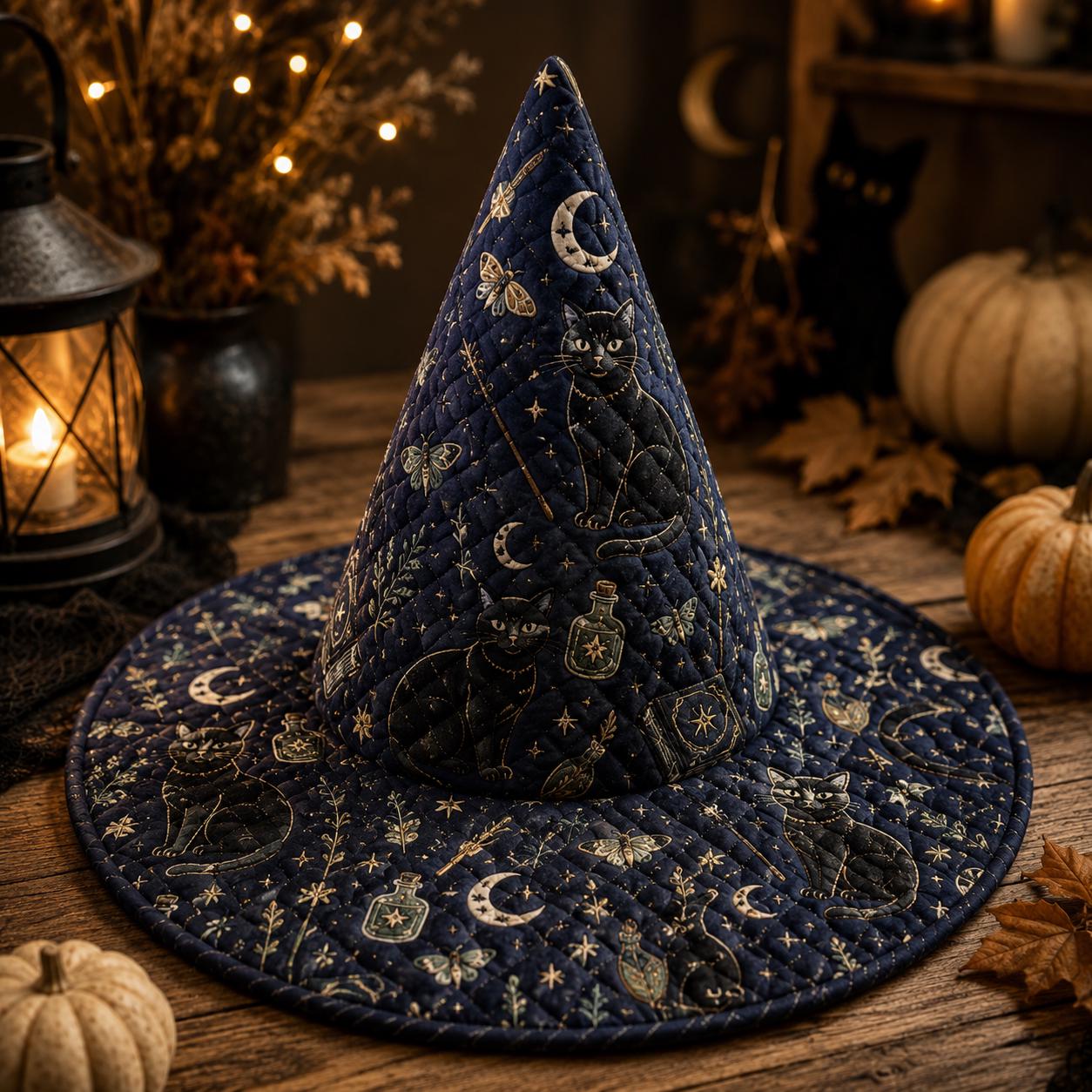 Handmade Fabric Halloween Witch Hat – Quilted Styleed Style Black Cat Moon Hat Decor and Gothic Fall Table Centerpiece - photo 5
