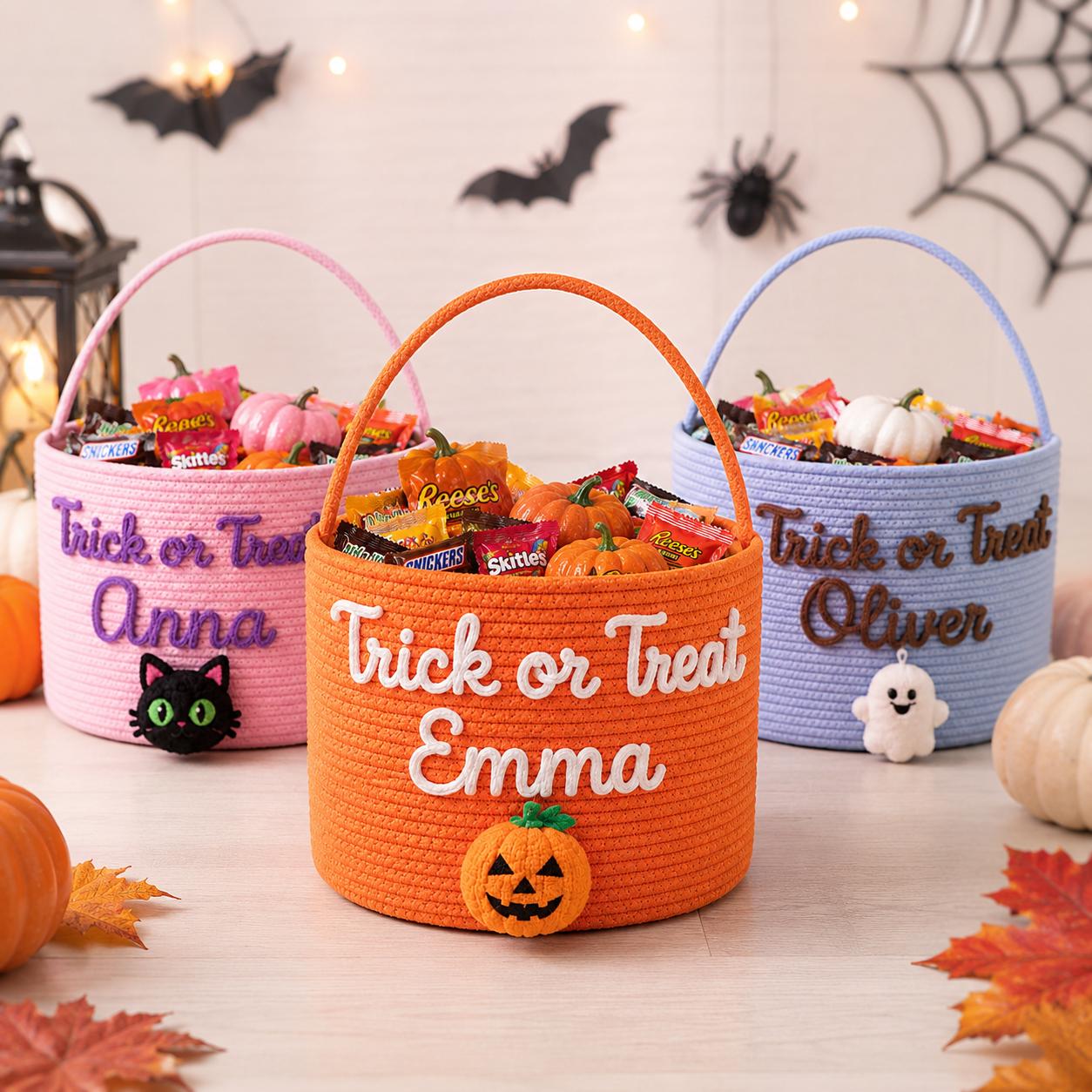 Personalized Rick or Treat Bag and Basket with Custom Name Halloween, Kids Candy Bucket, Reusable Boo Basket for Girl and Boy