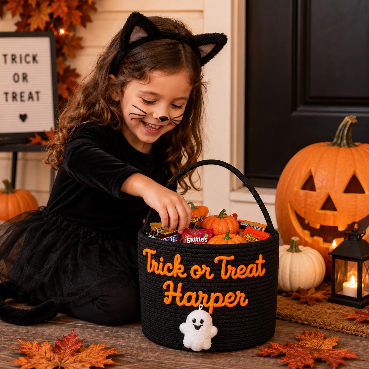 Personalized Rick or Treat Bag and Basket with Custom Name Halloween, Kids Candy Bucket, Reusable Boo Basket for Girl and Boy - photo 3